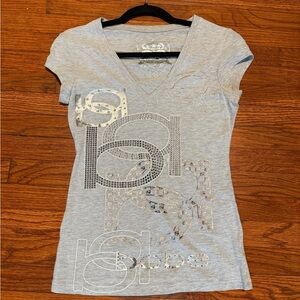 BEBE Light Gray Embellished V-Neck Tee